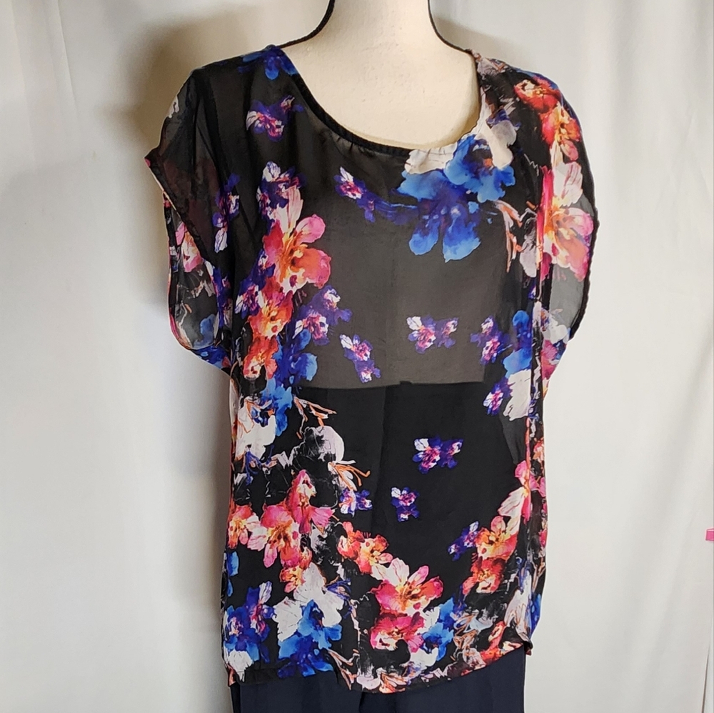 NY Collection Black Floral Sheer Flutter Sleeve Blouse